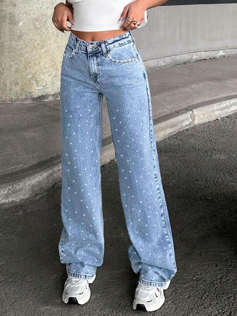 Elegantes Jeans de Tiro Alto Rectos con Diamantes Estilo Americano Navideño para Mujer