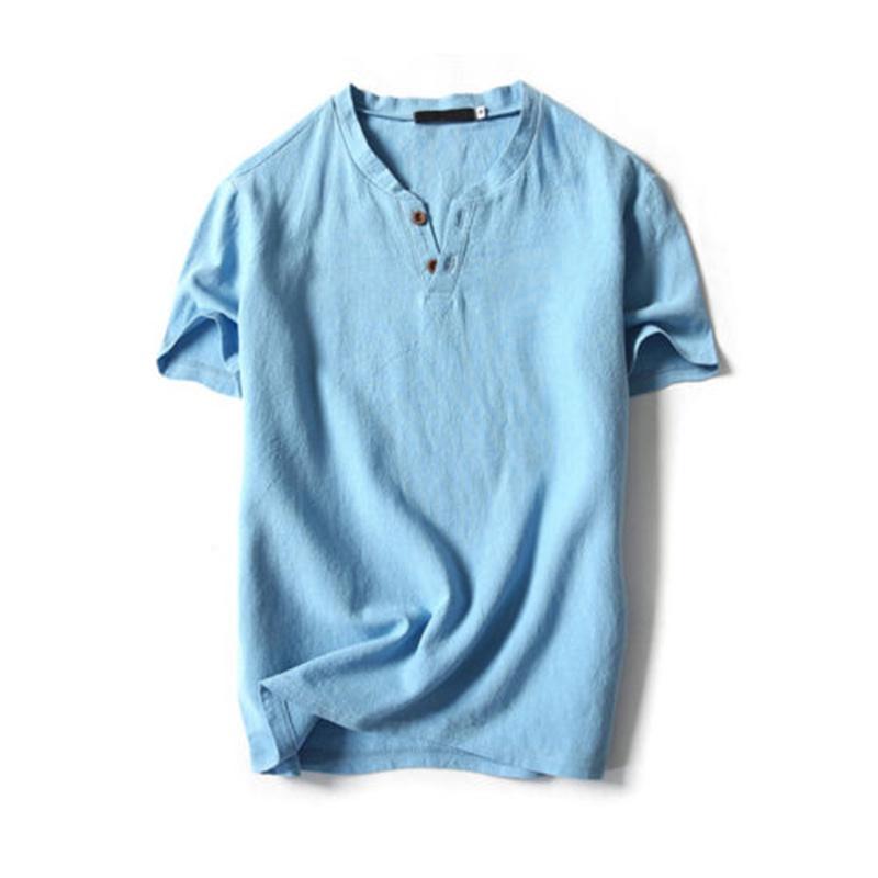 Premium Quality Men Brief T-shirt Summer V-neck Cotton Linen Blouse Top Tee Shirt Plus Size
