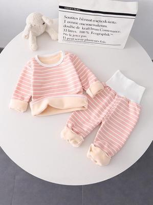 Children's Warm Striped High-Waist Underwear Set for Spring and Autumn - Plus Velvet for Babies, Toddlers, and Kids