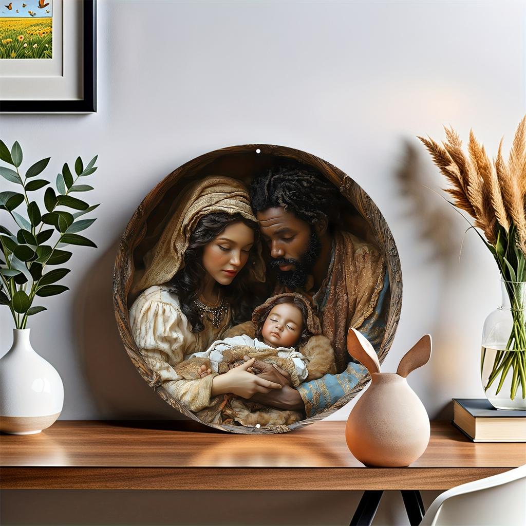 Holy Family" Round Wooden Sign, Perfect for Home & Office Decor, Living Room, Bathroom, Bar, Cafe, Versatile Holiday Wall Art