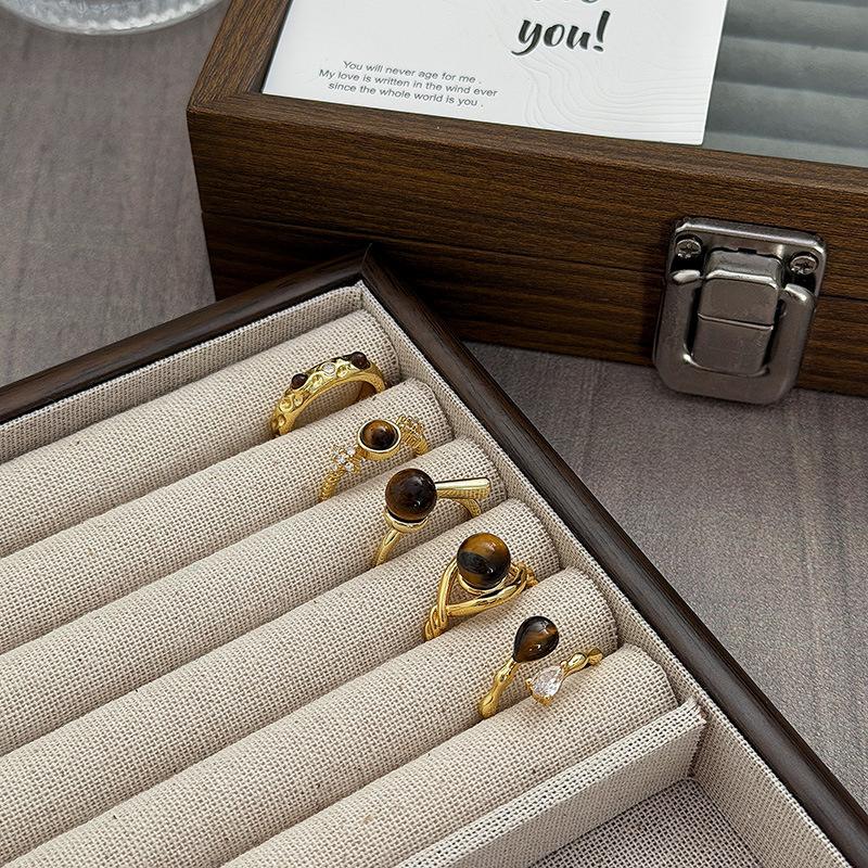 Fashion Temperament Maillard Retro Hong Kong Style Imitation Tiger'S Eye Stone Open Ring Women'S Irregular Light Luxury Personality Index Finger Ring