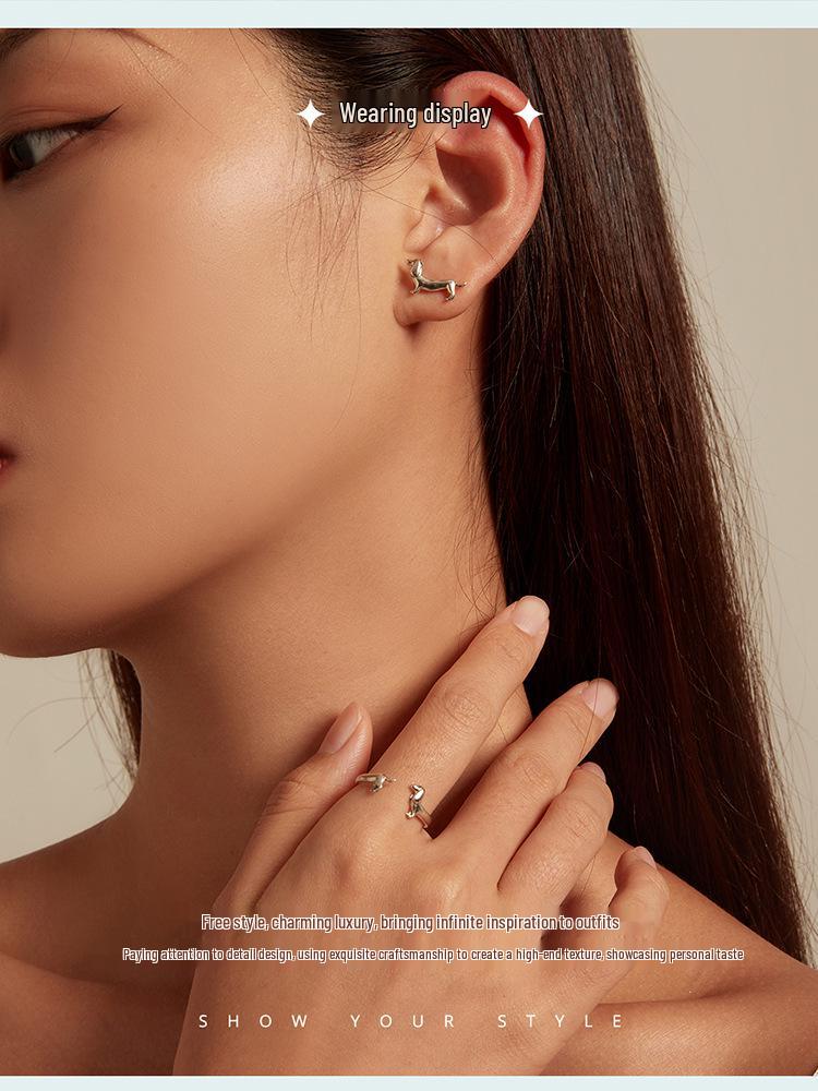 Yinziyun S925 Silver Dachshund Jewelry Set: Cute Animal Earrings & Open Ring