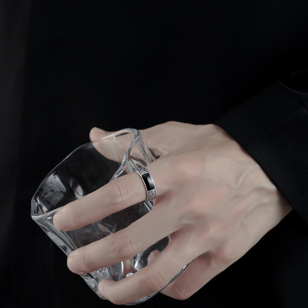 Silver Color Men's Stainless Steel Ring with Black Rectangle Retro Open Dragon Pattern Fashion Male Jewelry Accessory