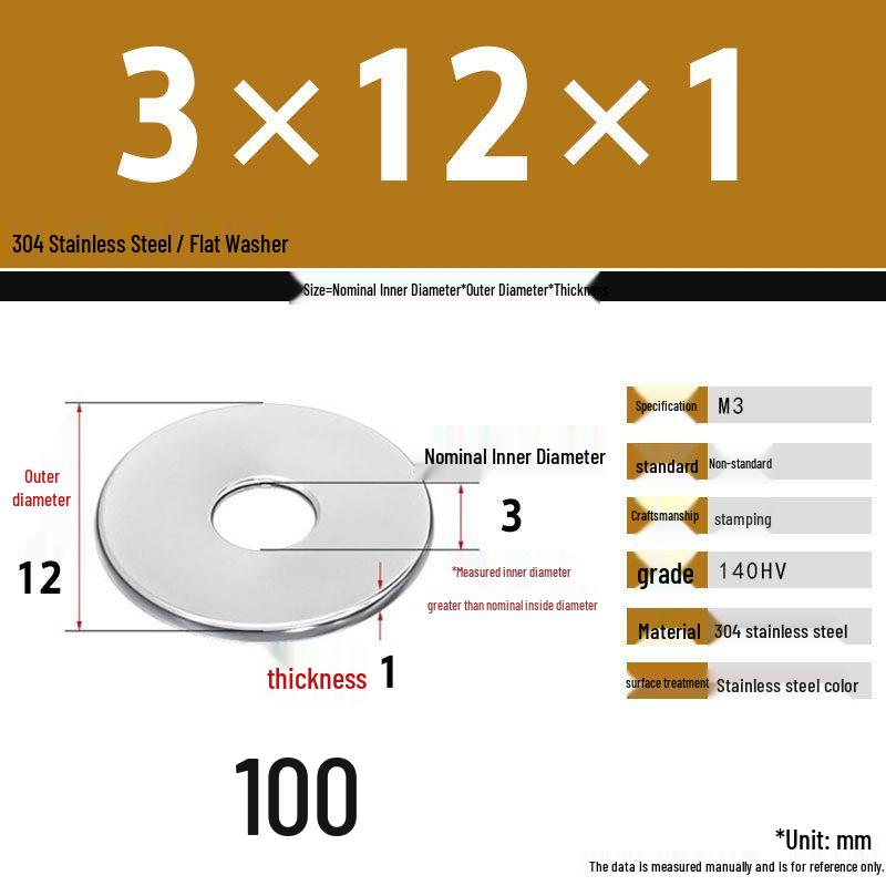 304 Stainless Steel Thickened Flat Washer Set, Sizes 2-36