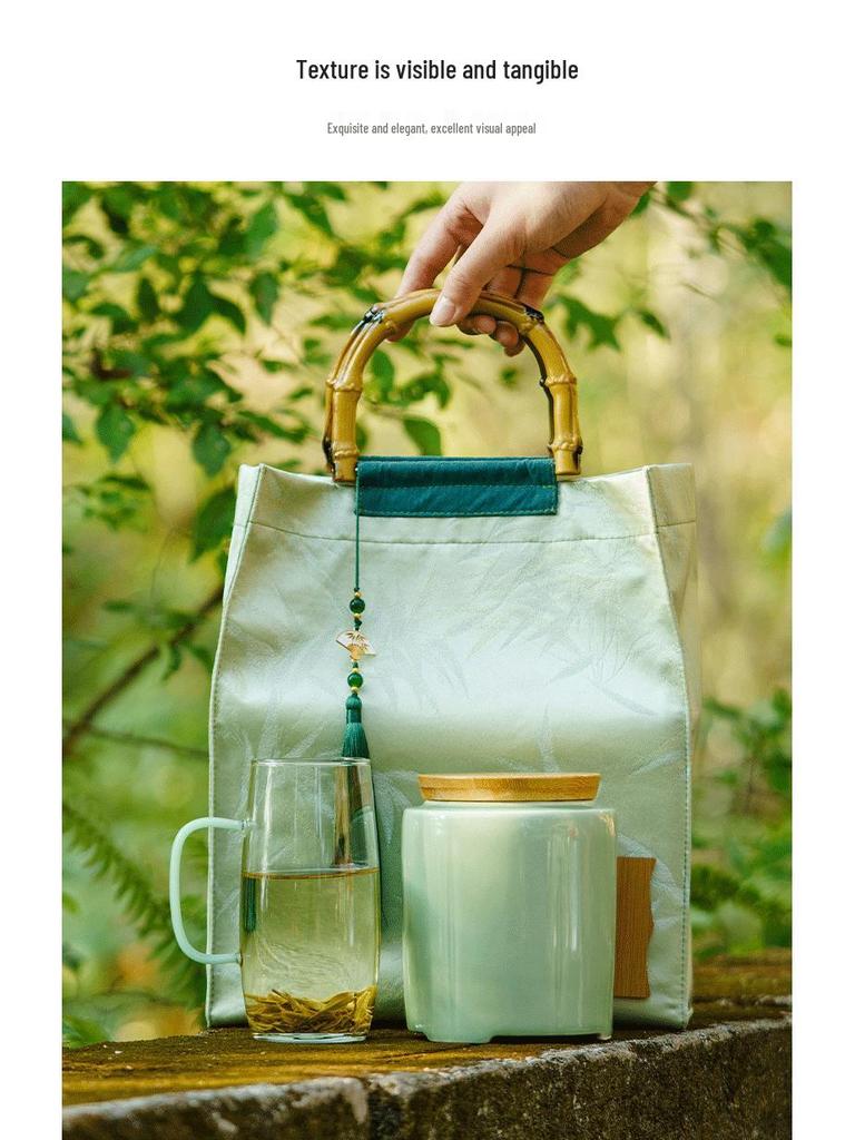 Creative Green Tea Ceramic Canister with Fresh Cloth Bag for Longjing, Maojian, Biluochun, Gyokuro - Empty Gift Packaging Box.