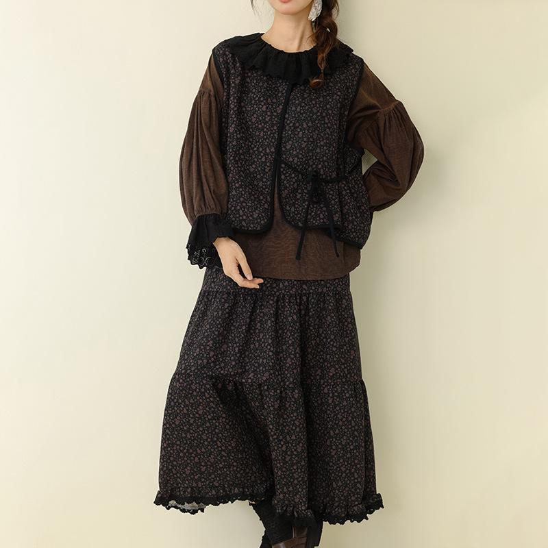 Mori-stil Retro Blommig Dubbellagers Väst med Midi Tårtkjol - Damernas Mångsidiga 2025 Vardagskläder Set