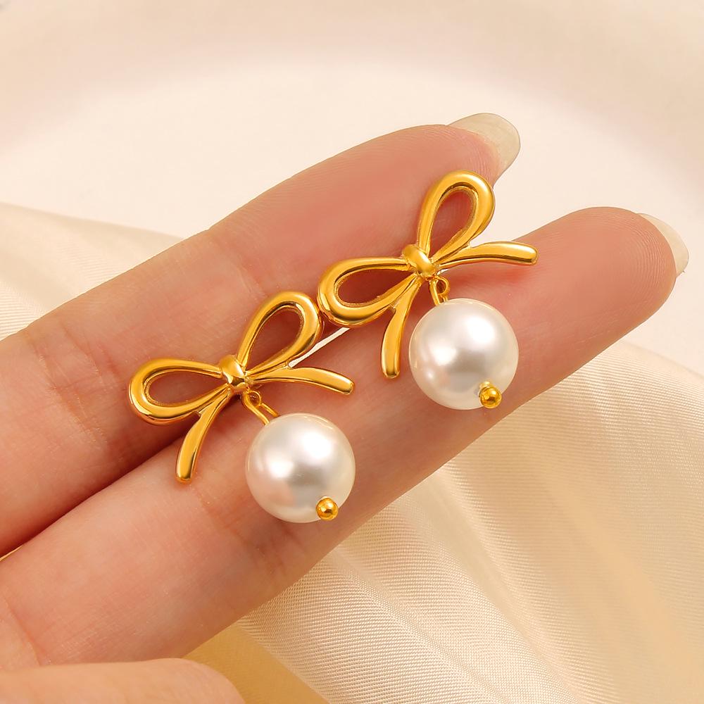 18K Bowknot Pearl Titanium Steel Earrings for Women - INS Simple Fashion Ear Studs