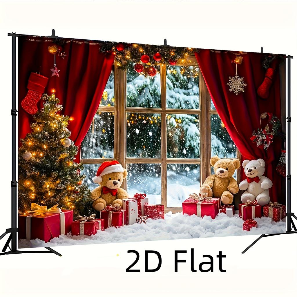 VIKAMA Christmas Teddy Bear Tapestry Snowy Window Gifts Wall Hanging Winter Holiday Backdrop Home Party Decor