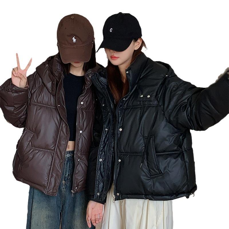 PU leather down cotton jacket women's 2025 autumn/winter short loose slimming thickened bread jacket cotton jacket