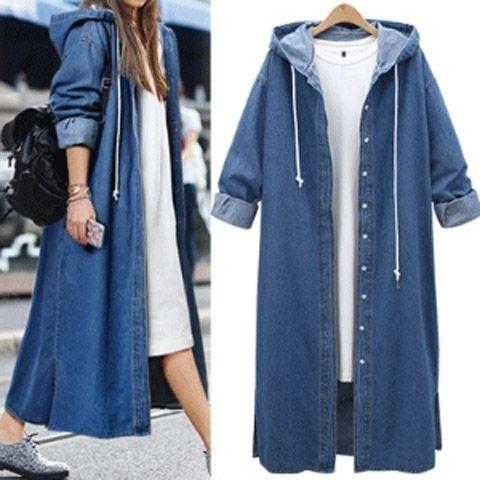Women s Loose Fit Mid-Length Hooded Denim Jacket Long Sleeve for Spring Casual Everyday Wear L