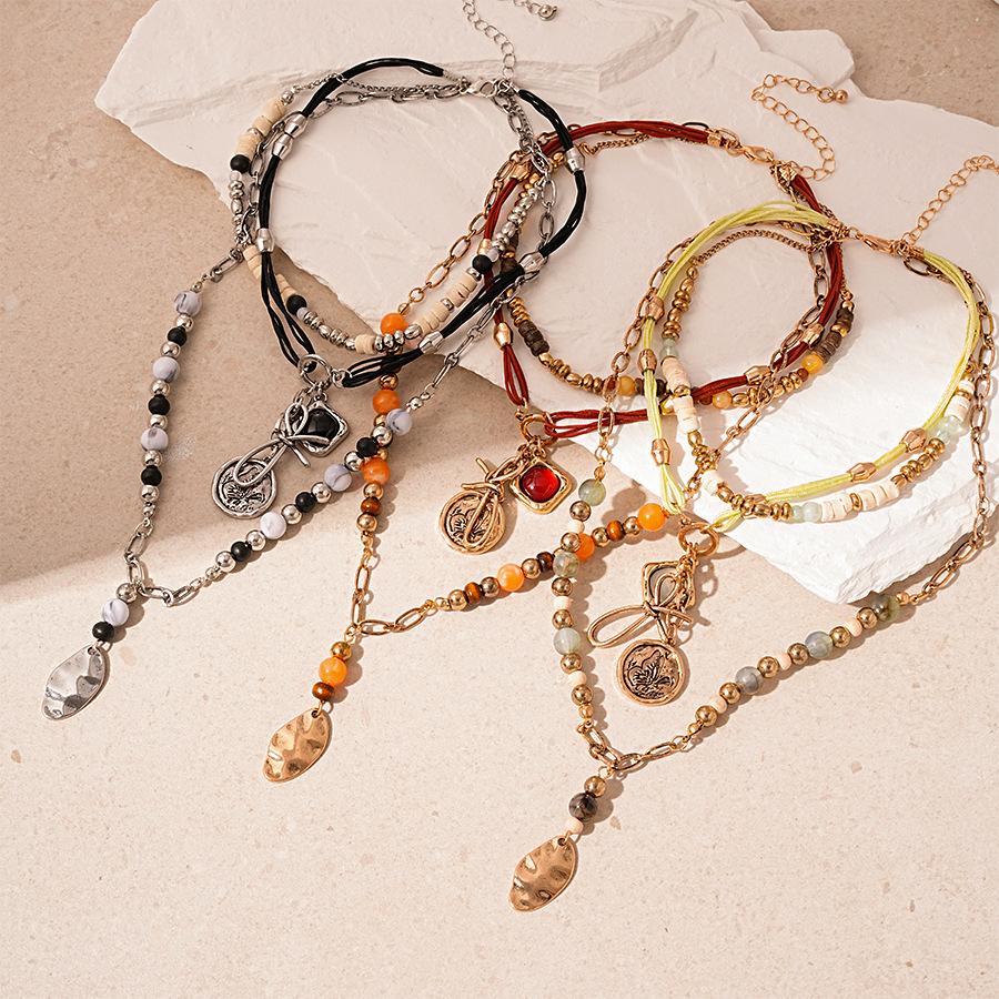 Multi-Layer Irregular Leaf Pendant Necklaces Vintage Colorful Beads Collarbone Chain Jewelry for Women