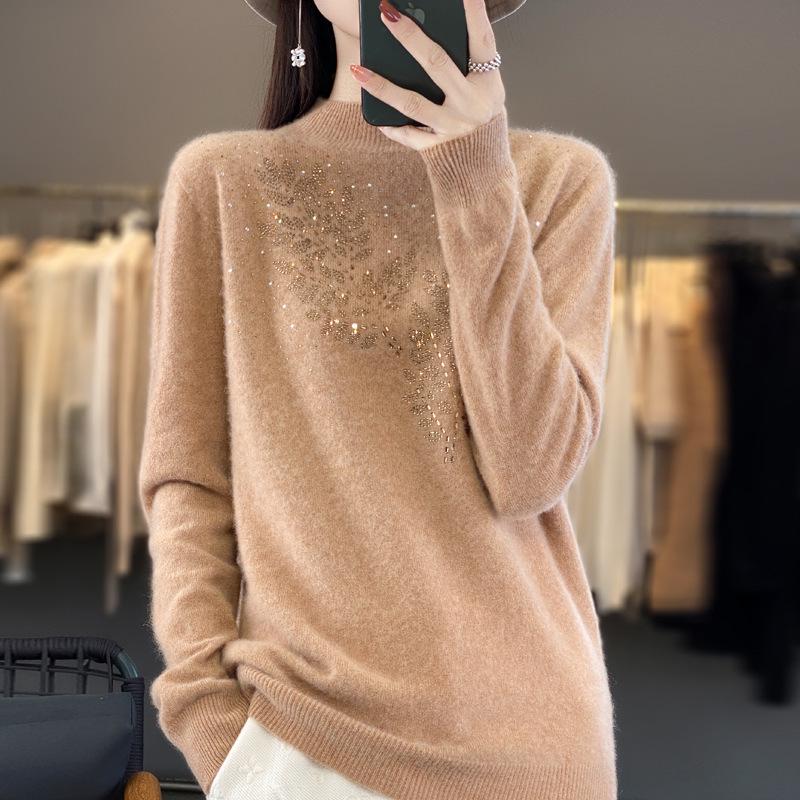 Rhinestone Wool Sweater for Women, Autumn/Winter Collection: Half-High Neck, Knitted, Long & Loose Fit.