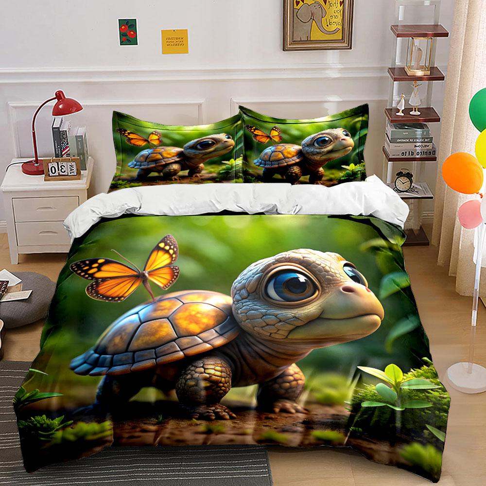 Turtle and Butterfly in Fairy Forest Print Bedding Set 1Duvet Cover 2 Pillowcases for Adult and Children Luxury Gift Full Size