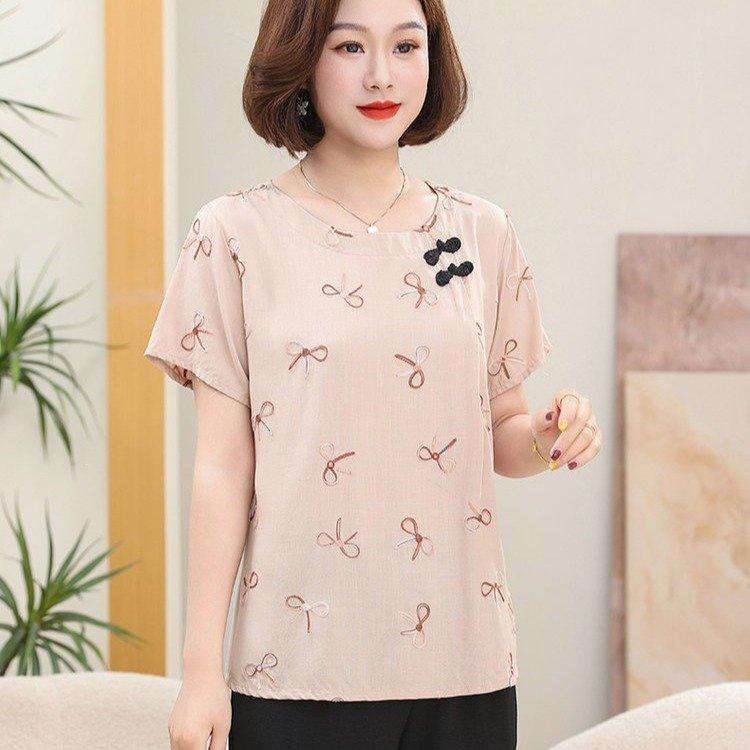 2026 Elegant Mother’s Two-Piece Summer Set: Chic Short-Sleeved Top for Middle-Aged & Elderly Women