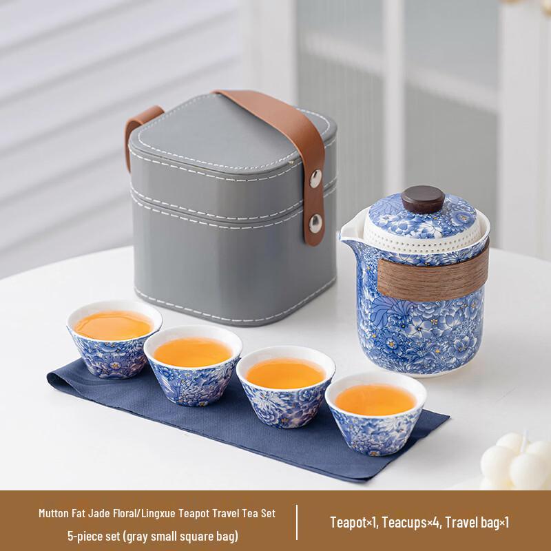 Yipan Ink-Wash Ceramic Travel Tea Set - Mutton Fat Jade Prosperous Flowers
