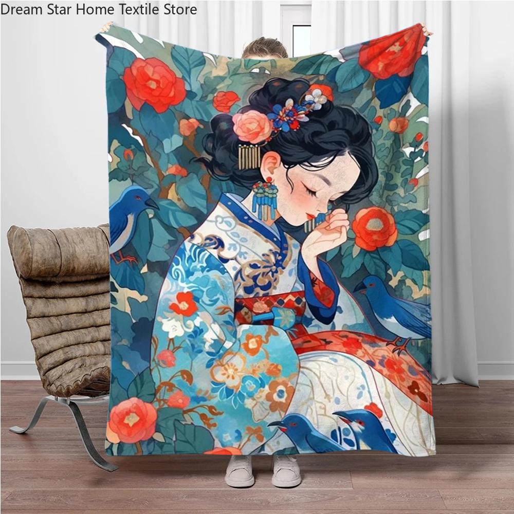 Chinese Ancient Style Girls Flannel Blanket Soft Keep Warm Throw Blanket Blanket For Sofa Bed Office Camping Travelling Gifts