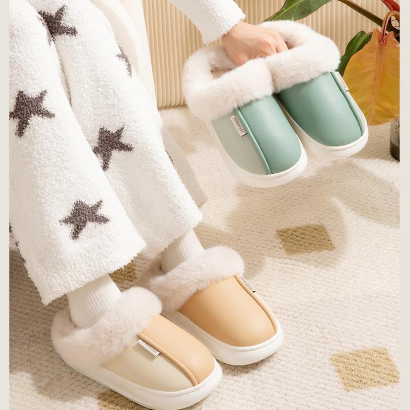 Winter Warme Zuhause Pelz Damen Hausschuhe Luxus Wasserdicht PU Leder Plüsch Paar Baumwollschuhe Indoor Schlafzimmer Flache Absätze Flauschiger Slipper