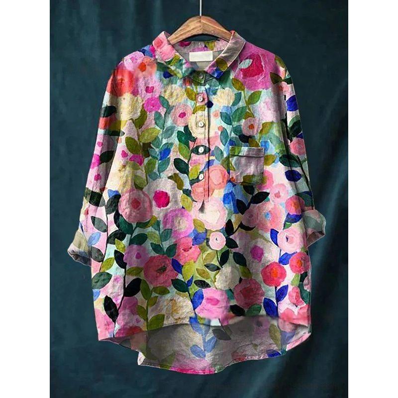 

Plus size women clothing Retro Artistic European and American Spring Lapel Breasted Floral Loose Casual Mid-Length Long sleeve Shirts Safflower Lu Ye 3XL