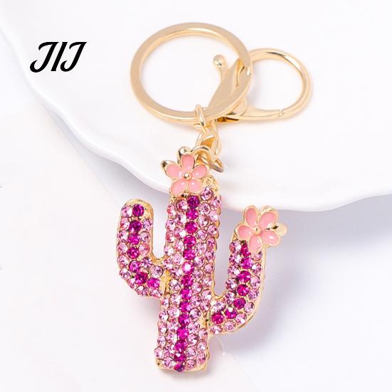 Purse Charm Accessory Bling Rhinestone Cactus Keychain, Pink Flower Keychain Keyring Pendant, Handbags Backpacks