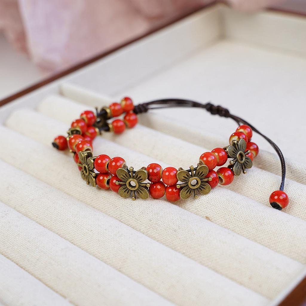 Cute Trendy Four-leaf Flower Double Layer Beaded Ceramic Bracelet for Women Charm  Adjustable Handmade Rope Weaving Jewelry Gift