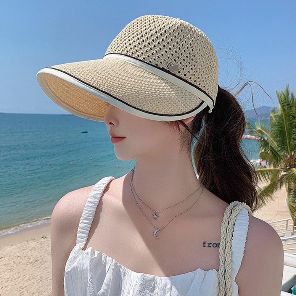 Summer Sun Protection Women Sun Cap Straw Breathable Sun Visor Hat Large Brim Casual Beach Hat Women