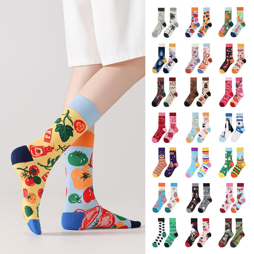 Children's Cartoon Sports Socks, Mid-Calf, Asymmetrical Mandarin Duck Design, Cotton Trendy Pair