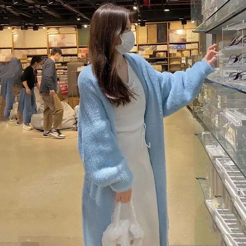 

Женский свитер на осень и зиму, длинный кардиган из шерсти, похожей на норку, свободный, толстый, средней длины, в стиле casual, вязаное пальто XL светло-синий