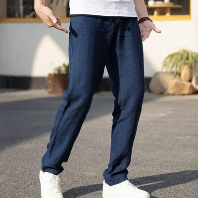 Men's Linen Casual Pants Solid Color Straight Leg Trousers Drawstring Waist Thin Summer Pants for Streetwear Travel Vacation