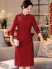 2025 Spring Red Lace Qipao: Young Plus Size Three-Quarter Sleeve A-Line Dress for Mothers at Wedding Banquets