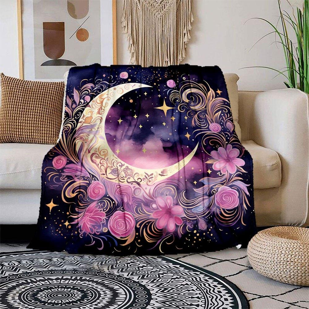 "Enchanted Celestial Crescent Moon Wall Art Print"Blanket Flannel Throw Blanket for Sofa, Bed, Travel, Camping, Office