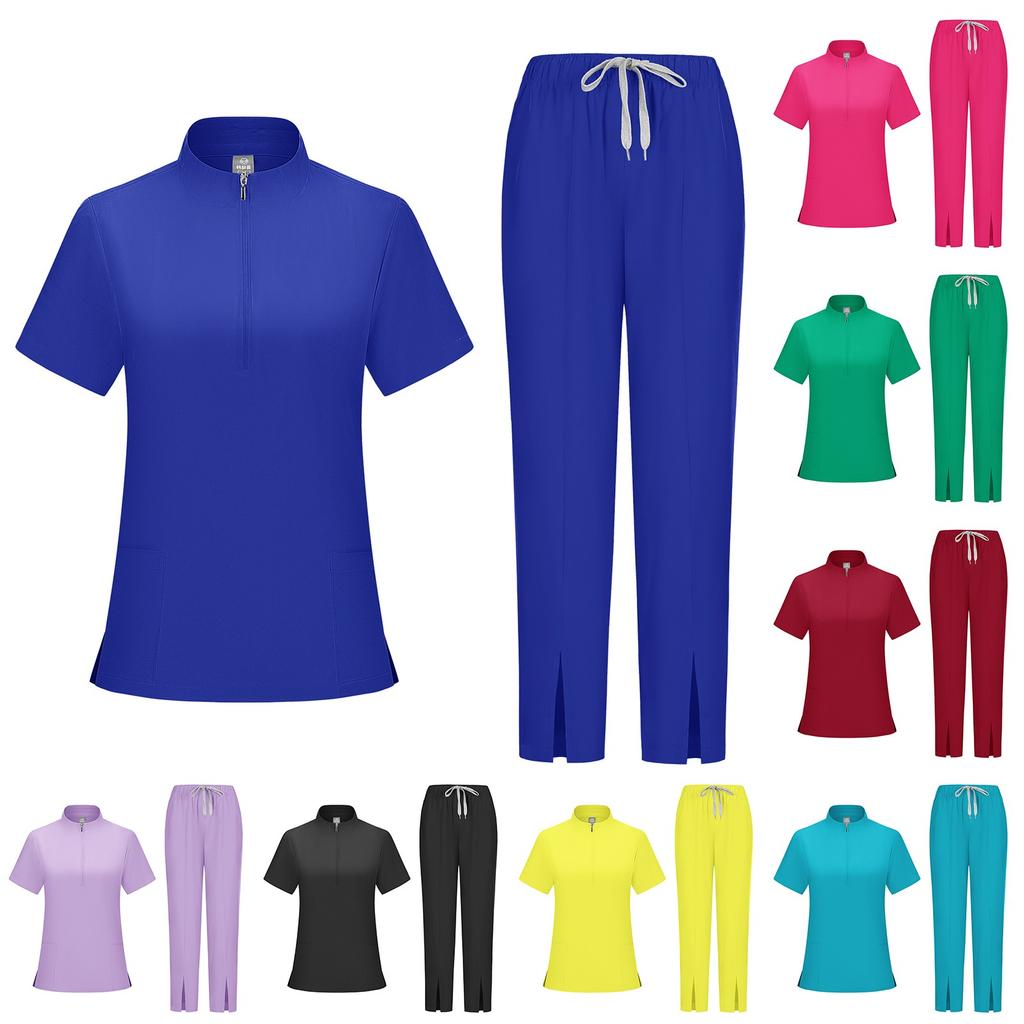 Women's Short Sleeved Solid Color High Collar Pocket Top Pants Work Clothes Two Piece Set