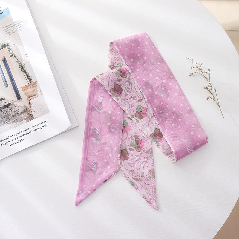 Summer French Retro Pink Tied Hair Small Floral Long Silk Scarf Headband Braided Hair Chiffon Thin Ribbon Scarf