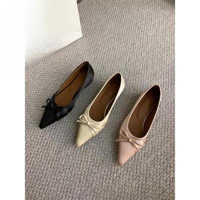 French Sweet Satin Bow Pointed Head Shallow Mouth Single Shoes Autumn Temperament Inner Height Increase Small Leather Shoes