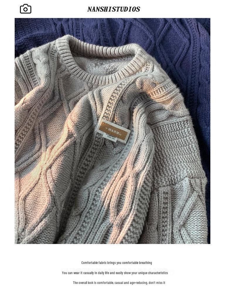Men's Vintage Japanese Cable Knit Sweater – Retro, Thick, Loose-Fit for Autumn/Winter