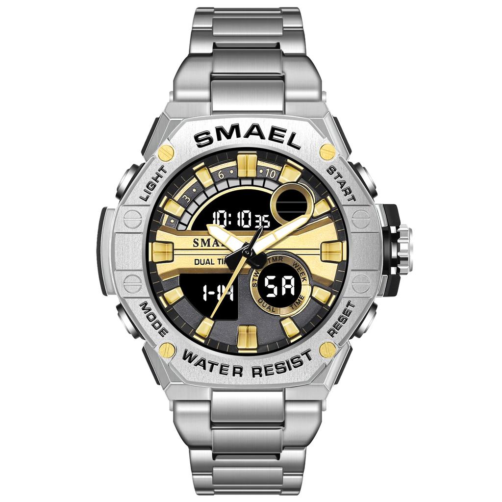 SMAEL alarm clock multifunctional 8090 alloy steel strip dual display electronic watch men's waterproof