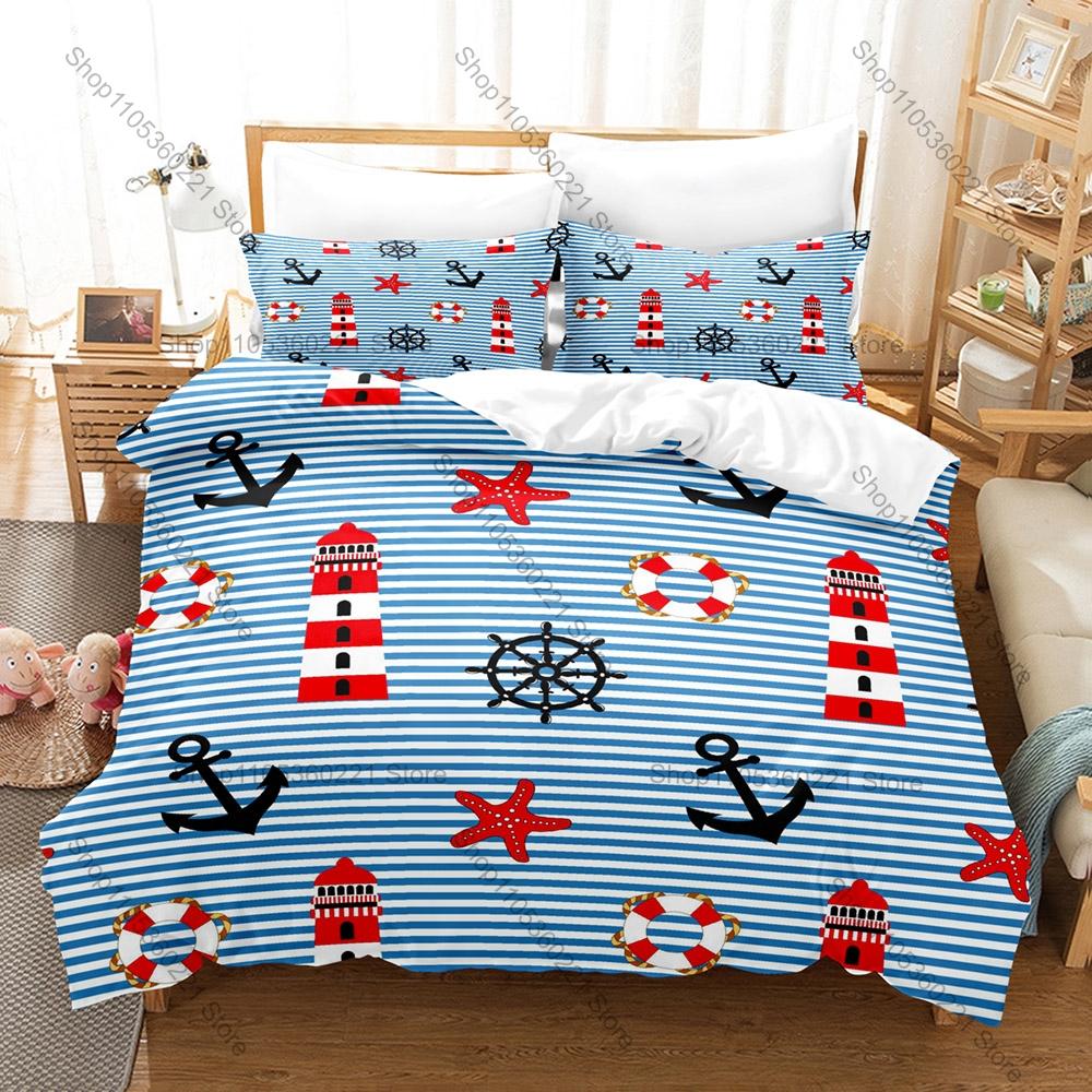 Navy Blue Anchor Theme Bedding Set 3 Pieces Marine Sailor Style Quilt Cover Set Twin Full Queen King Size Bed Linen