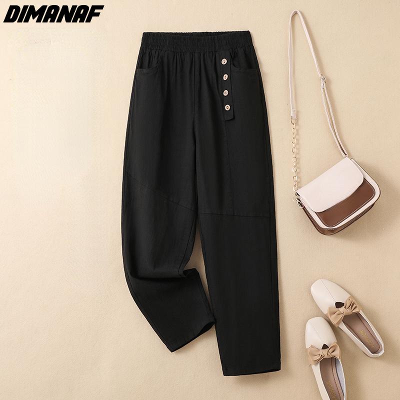

DIMANAF Большие размеры 2022, женские льняные брюки, летние эластичные пуговицы, винтажные шаровары, модные свободные брюки, белый, красный