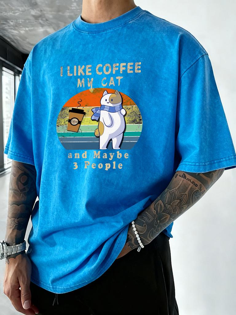 My Cat Like Coffee Design Men Washed TShirt Hip Hop Oversized Short Sleeve Vacation Cotton T Shirts Soft Summer Tee Tops