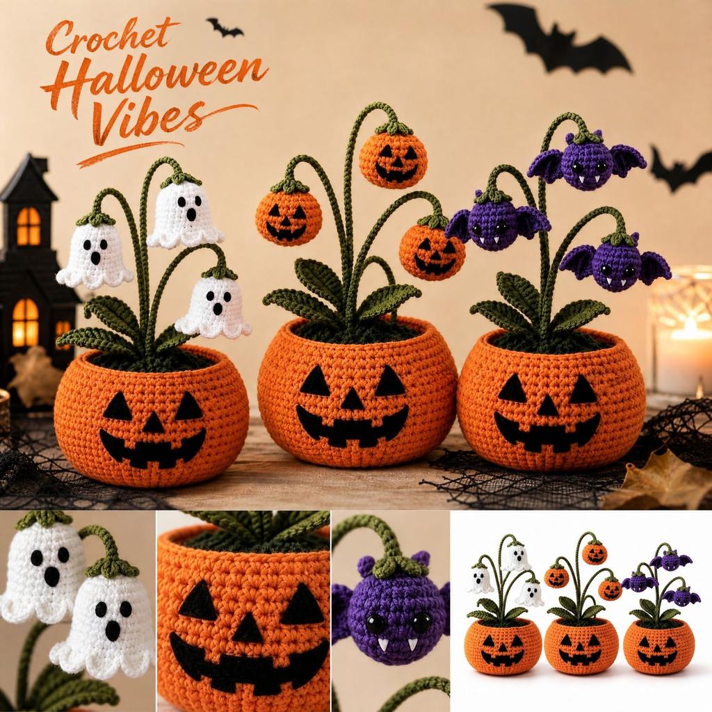 Knitted Halloween Potted Plant Decor, Ready to Display Tabletop Decoration for Seasonal Home