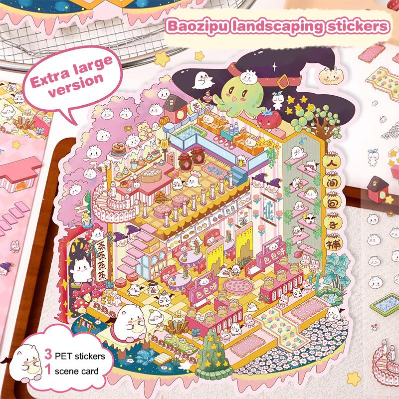 1Set Cartoon Cute Three-Dimensional Miniature Scene Landscaping Stickers Diy Pocket Cabin Scene Game Stickers Festival Gifts