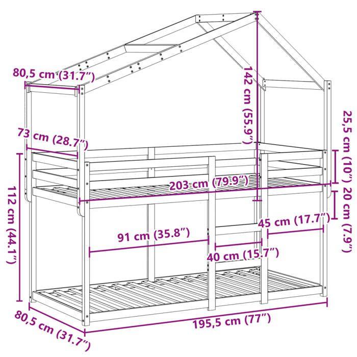 VidaXL Bunk Bed with Roof Wax Brown 75x190cm Solid Pine Wood, Bed, Bed Frame, Loft Bed, Bedroom Furniture, 3282051