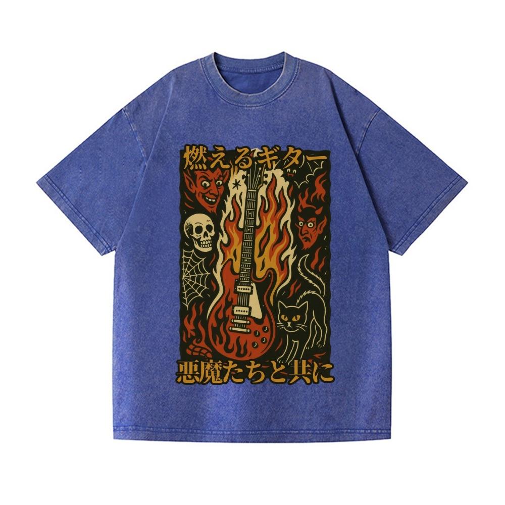 

Halloween Fashion Summer Tees Vintage Flame Guitar Skull Wash Japanese Design T-Shirt Clothes Korean Gothic Tops 3XL