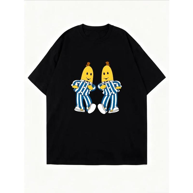 Crewneck T Shirt White Banana Characters In Striped Suits Casual Wear For Women Summer Outfits Fun Graphic Tee Fashionable Top