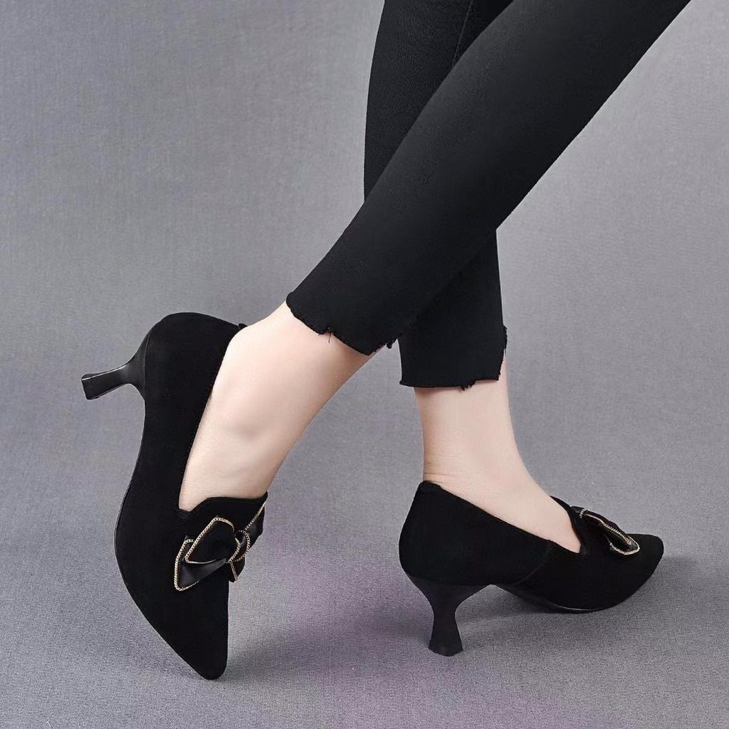 Fashion pointed deep mouth single shoes spring new bow rhinestone sheepskin one pedal middle heel single shoes