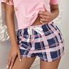 2 Pcs/Set Women Summer Pajama Set O Neck Letter Print Short Sleeves T-shirt Drawstring Elastic Waist Plaid Pattern Homewear Two Piece Set Sleepwear