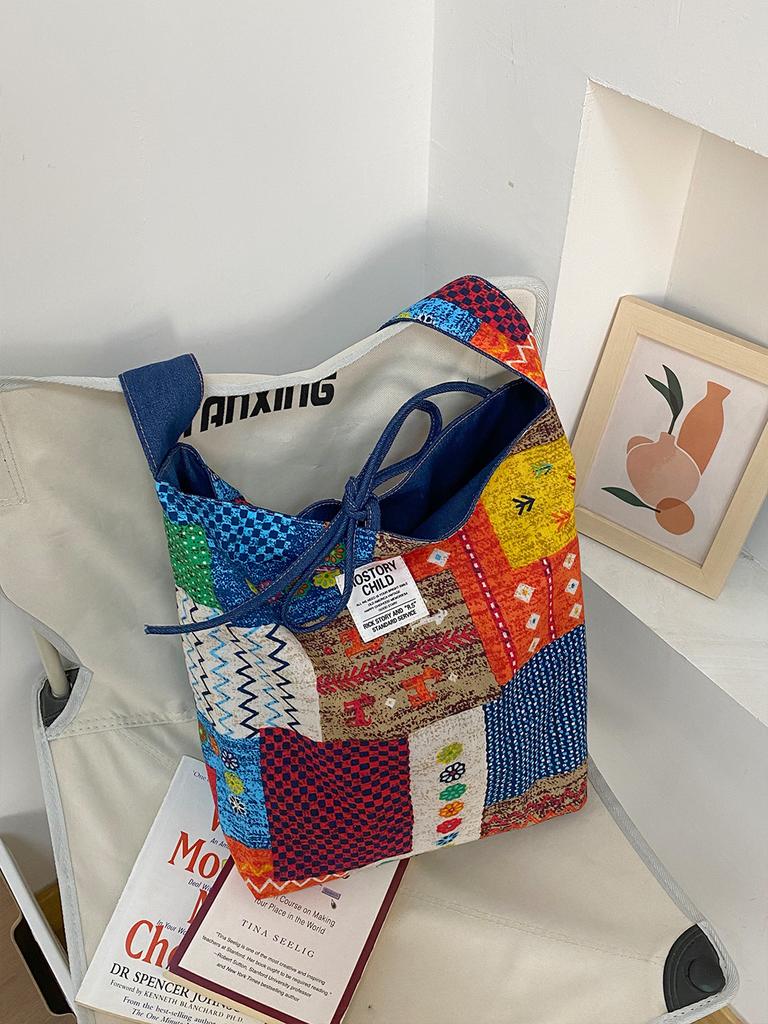 Front And Back Denim Bag, Ethnic Style Patchwork Bag, Bohemian Shoulder Messenger Bag, Double-Sided.