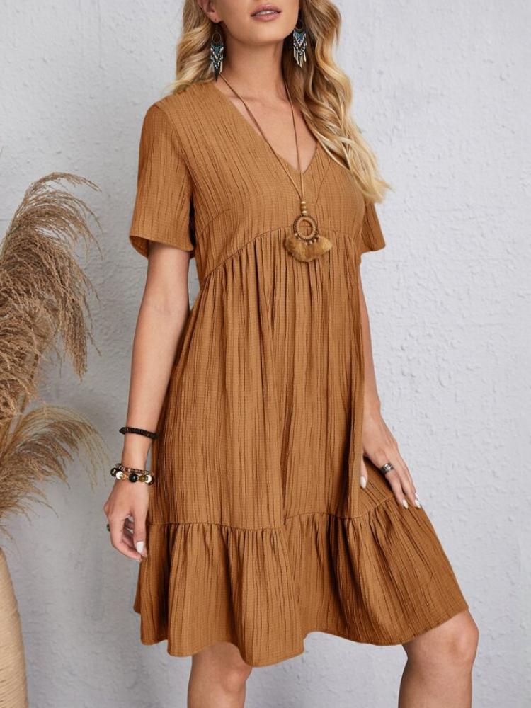 Women Solid Ruffles Mini Dresses Summer Casual Loose V Neck High Waist Dress Ladies Vintage Large Big Lace Dresses