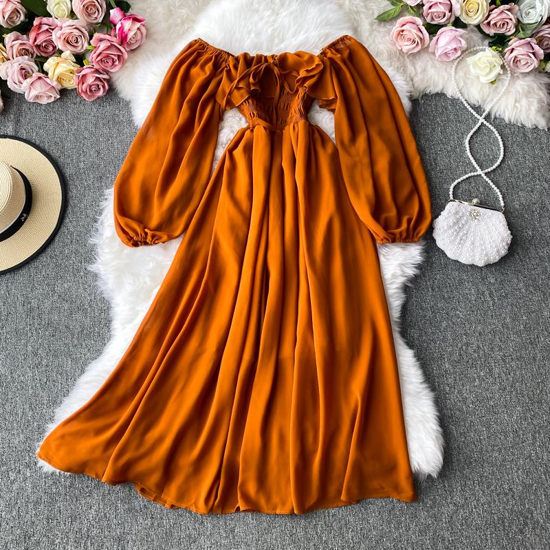 Gentle Style Dress Autumn SpringNew Female French Retro Square Collar Foreign Style Bubble Sleeve Chiffon Dresses