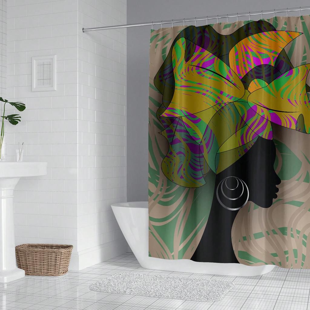 African Woman Shower Curtain, Afro American Girl Shower Curtains Funny Fabric Shower Curtain Abstract Art Modern Set