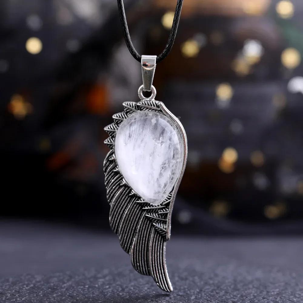 Natural Crystal Necklace Angel Single Winged Pendant Natural Gem Necklaces Jewelry Healing Stone Necklaces for Women Angel Wings